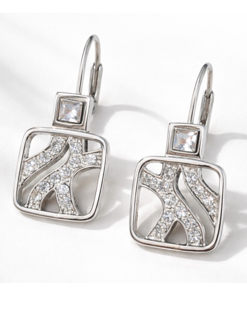 Vintage NINE WEST Drop Earrings Silver Tone Geometric Rhinestone Lever Back